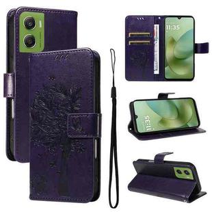 For Motorola Moto G06 4G Tree & Cat Embossed Pattern Flip Leather Phone Case(Purple)