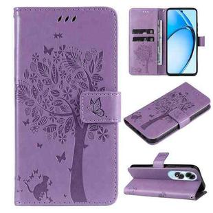 For OPPO A60 4G Global Tree & Cat Embossed Pattern Flip Leather Phone Case(Light Purple)