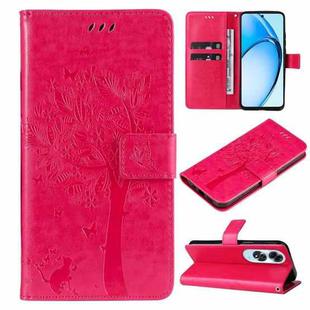 For OPPO A60 4G Global Tree & Cat Embossed Pattern Flip Leather Phone Case(Rose Red)
