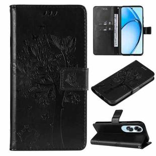 For OPPO A60 4G Global Tree & Cat Embossed Pattern Flip Leather Phone Case(Black)