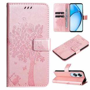 For OPPO A60 4G Global Tree & Cat Embossed Pattern Flip Leather Phone Case(Rose Gold)