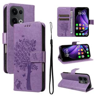 For OPPO Reno13 5G Global Tree & Cat Embossed Pattern Flip Leather Phone Case(Light Purple)