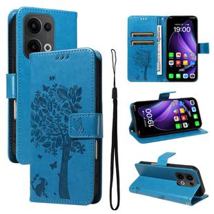 For OPPO Reno13 5G Global Tree & Cat Embossed Pattern Flip Leather Phone Case(Blue)