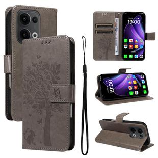 For OPPO Reno13 5G Global Tree & Cat Embossed Pattern Flip Leather Phone Case(Grey)