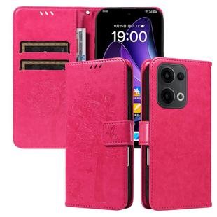 For OPPO Reno13 5G Global Tree & Cat Embossed Pattern Flip Leather Phone Case(Rose Red)
