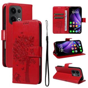 For OPPO Reno13 5G Global Tree & Cat Embossed Pattern Flip Leather Phone Case(Red)