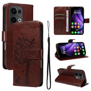 For OPPO Reno13 5G Global Tree & Cat Embossed Pattern Flip Leather Phone Case(Coffee)