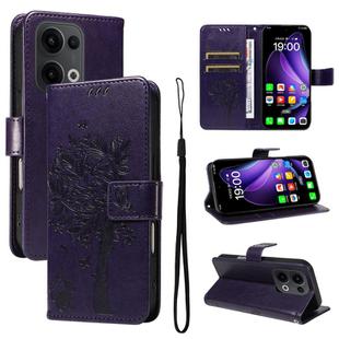 For OPPO Reno13 5G Global Tree & Cat Embossed Pattern Flip Leather Phone Case(Purple)