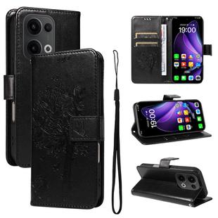 For OPPO Reno13 5G Global Tree & Cat Embossed Pattern Flip Leather Phone Case(Black)