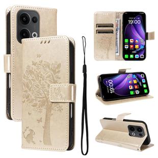 For OPPO Reno13 5G Global Tree & Cat Embossed Pattern Flip Leather Phone Case(Gold)
