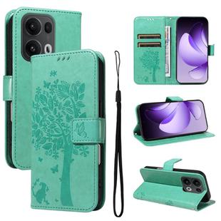 For OPPO Reno13 Pro 5G Global Tree & Cat Embossed Pattern Flip Leather Phone Case(Green)