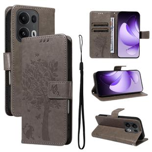 For OPPO Reno13 Pro 5G Global Tree & Cat Embossed Pattern Flip Leather Phone Case(Grey)