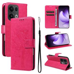 For OPPO Reno13 Pro 5G Global Tree & Cat Embossed Pattern Flip Leather Phone Case(Rose Red)