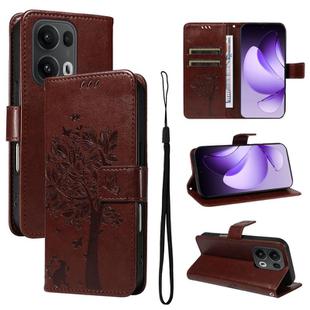 For OPPO Reno13 Pro 5G Global Tree & Cat Embossed Pattern Flip Leather Phone Case(Coffee)