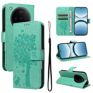 For OPPO Find X8 Global Tree & Cat Embossed Pattern Flip Leather Phone Case(Green)