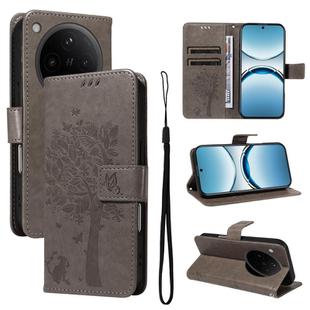 For OPPO Find X8 Global Tree & Cat Embossed Pattern Flip Leather Phone Case(Grey)