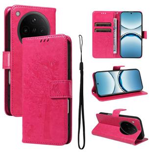 For OPPO Find X8 Global Tree & Cat Embossed Pattern Flip Leather Phone Case(Rose Red)