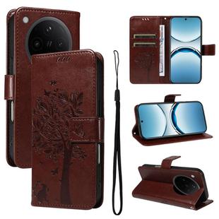 For OPPO Find X8 Global Tree & Cat Embossed Pattern Flip Leather Phone Case(Coffee)