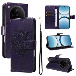 For OPPO Find X8 Global Tree & Cat Embossed Pattern Flip Leather Phone Case(Purple)