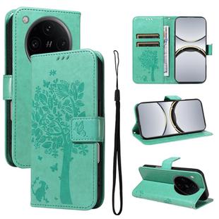 For OPPO Find X8 Pro Global Tree & Cat Embossed Pattern Flip Leather Phone Case(Green)
