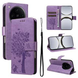 For OPPO Find X8 Pro Global Tree & Cat Embossed Pattern Flip Leather Phone Case(Light Purple)