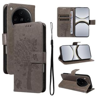 For OPPO Find X8 Pro Global Tree & Cat Embossed Pattern Flip Leather Phone Case(Grey)