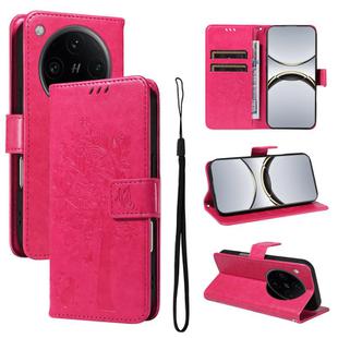 For OPPO Find X8 Pro Global Tree & Cat Embossed Pattern Flip Leather Phone Case(Rose Red)