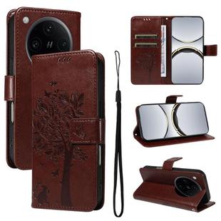 For OPPO Find X8 Pro Global Tree & Cat Embossed Pattern Flip Leather Phone Case(Coffee)