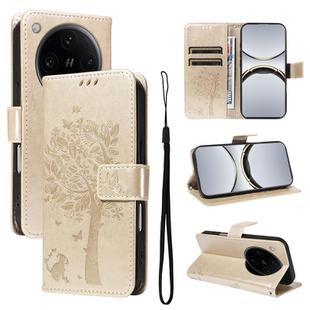 For OPPO Find X8 Pro Global Tree & Cat Embossed Pattern Flip Leather Phone Case(Gold)