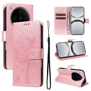 For OPPO Find X8 Pro Global Tree & Cat Embossed Pattern Flip Leather Phone Case(Rose Gold)