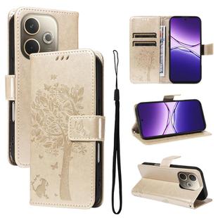 For OPPO A5 Pro 5G Global Tree & Cat Embossed Pattern Flip Leather Phone Case(Gold)