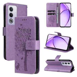 For OPPO K12X 5G Global Tree & Cat Embossed Pattern Flip Leather Phone Case(Light Purple)