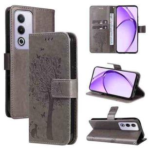 For OPPO K12X 5G Global Tree & Cat Embossed Pattern Flip Leather Phone Case(Grey)