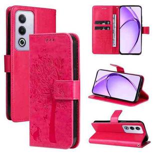 For OPPO K12X 5G Global Tree & Cat Embossed Pattern Flip Leather Phone Case(Rose Red)