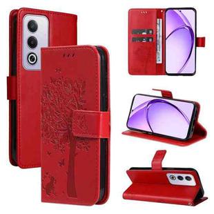 For OPPO K12X 5G Global Tree & Cat Embossed Pattern Flip Leather Phone Case(Red)