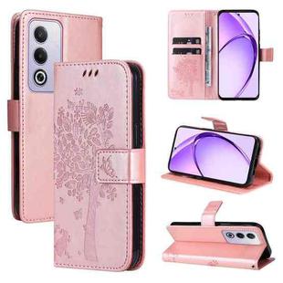 For OPPO K12X 5G Global Tree & Cat Embossed Pattern Flip Leather Phone Case(Rose Gold)