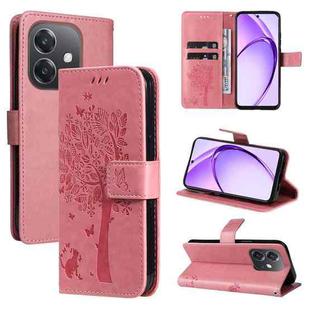 For OPPO A3 4G Global / A60 5G Tree & Cat Embossed Pattern Flip Leather Phone Case(Pink)