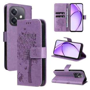 For OPPO A3 4G Global / A60 5G Tree & Cat Embossed Pattern Flip Leather Phone Case(Light Purple)