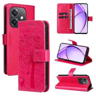 For OPPO A3 4G Global / A60 5G Tree & Cat Embossed Pattern Flip Leather Phone Case(Rose Red)