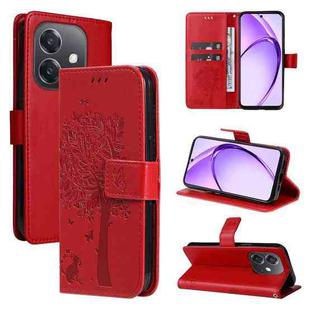 For OPPO A3 4G Global / A60 5G Tree & Cat Embossed Pattern Flip Leather Phone Case(Red)