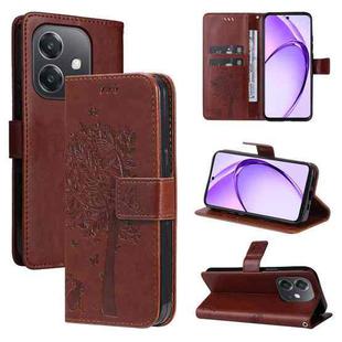 For OPPO A3 4G Global / A60 5G Tree & Cat Embossed Pattern Flip Leather Phone Case(Coffee)