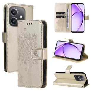 For OPPO A3 4G Global / A60 5G Tree & Cat Embossed Pattern Flip Leather Phone Case(Gold)