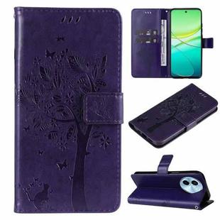 For vivo Y38 / Y200i / T3x Global Tree & Cat Embossed Pattern Flip Leather Phone Case(Purple)