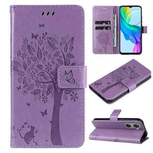 For vivo Y03 Tree & Cat Embossed Pattern Flip Leather Phone Case(Light Purple)