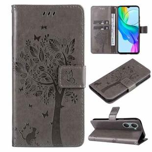 For vivo Y03 Tree & Cat Embossed Pattern Flip Leather Phone Case(Grey)