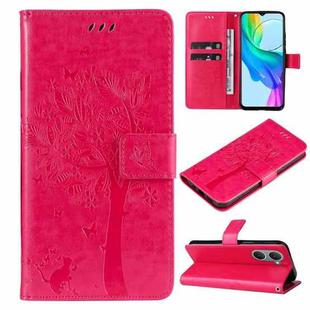 For vivo Y03 Tree & Cat Embossed Pattern Flip Leather Phone Case(Rose Red)