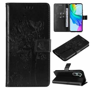For vivo Y03 Tree & Cat Embossed Pattern Flip Leather Phone Case(Black)