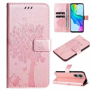 For vivo Y03 Tree & Cat Embossed Pattern Flip Leather Phone Case(Rose Gold)