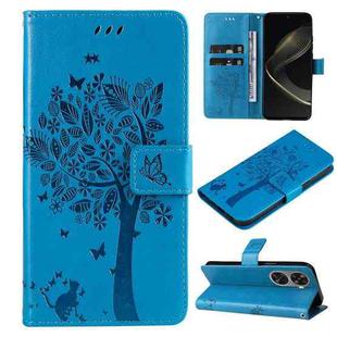 For Huawei nova 12 SE / nova 11 SE Tree & Cat Embossed Pattern Flip Leather Phone Case(Blue)