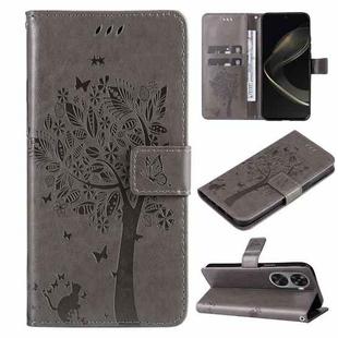 For Huawei nova 12 SE / nova 11 SE Tree & Cat Embossed Pattern Flip Leather Phone Case(Grey)